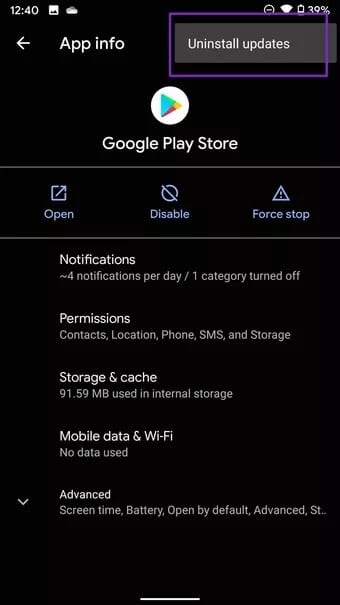 uninstall-play-store-updates_7c4a12eb7455b3a1ce1ef1cadcf29289 أفضل 7 طرق لإصلاح خطأ متجر Google Play عالق في التحقق من وجود تحديثات