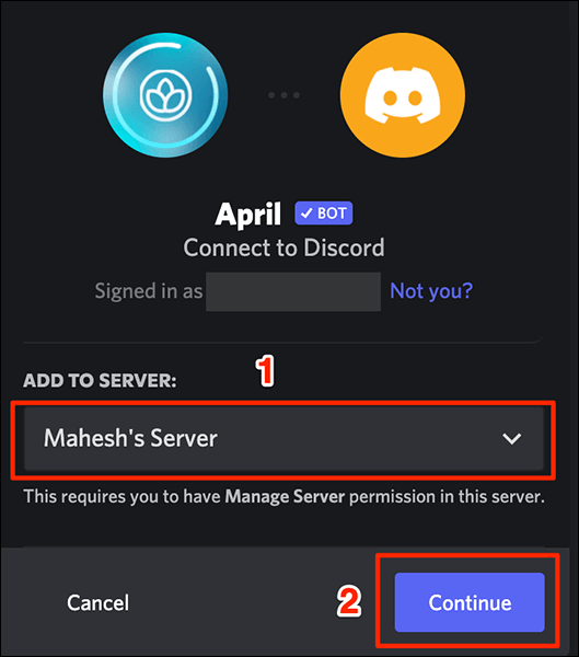 9-select-server كيفية إضافة بوت إلى Discord