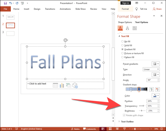 Adjust-the-transparency-and-brightness-of-the-gradient-colors-on-the-text كيفية إضافة نص متعدد الألوان في PowerPoint