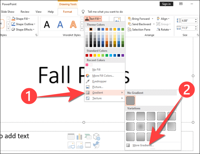 Choose-Gradient-From-the-drop-down-and-select-more-gradients كيفية إضافة نص متعدد الألوان في PowerPoint