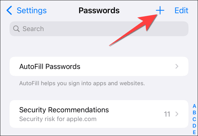 Click-Plus-to-add-new-site-name-and-password كيفية استخدام أداة المصادقة الثنائية المضمنة على iPhone و iPad