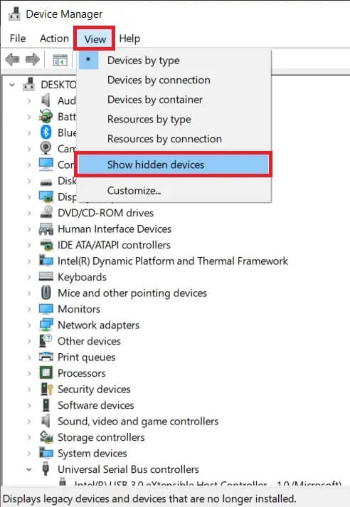 Click-on-View-located-in-the-top-row-of-the-window-and-select-Show-hidden-devices كيفية إصلاح عدم اكتشاف أجهزة iCUE