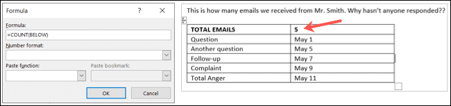 FormulaCountBelow-Outlook كيفية إضافة الصيغ إلى الجداول في Microsoft Outlook