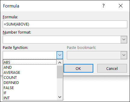 FormulaPasteFunction-Outlook كيفية إضافة الصيغ إلى الجداول في Microsoft Outlook