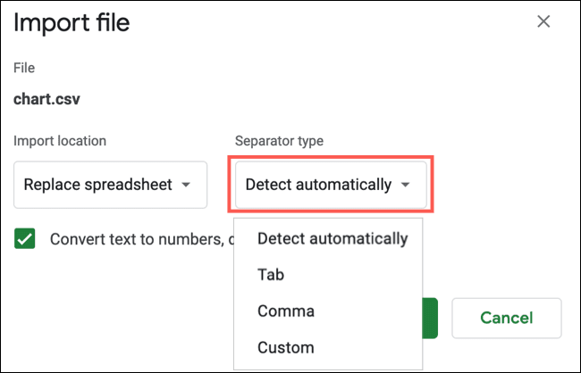 ImportFileSettingsSeparator-GoogleSheetsImport كيفية استيراد أنواع الملفات المختلفة إلى Google Sheets