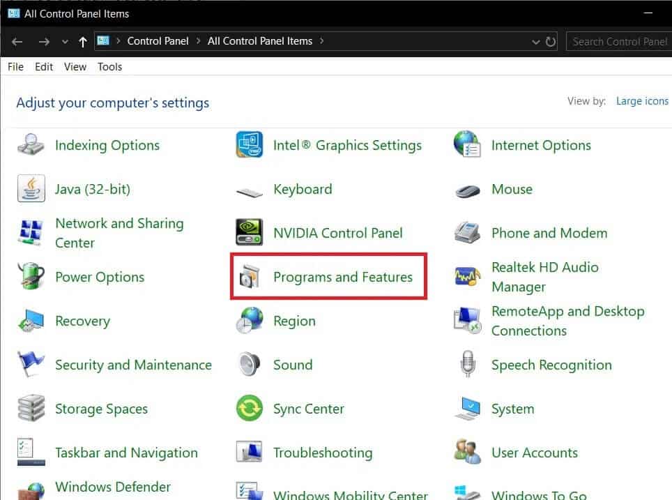 In-the-Control-Panel-window-click-on-Programs-Features كيفية إصلاح عدم اكتشاف أجهزة iCUE