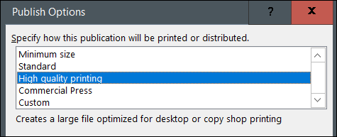 Publish-options. كيفية تحويل ملف Microsoft Publisher إلى ملف PDF