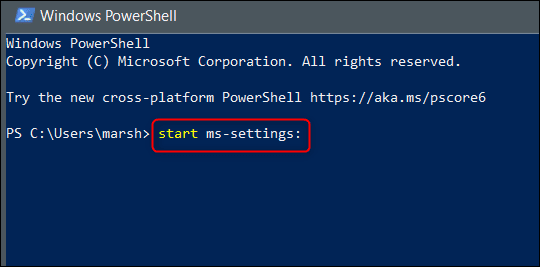 Run-start-ms-settings-in-Windows-PowerShell. 13 طريقة لفتح تطبيق إعدادات Windows 10
