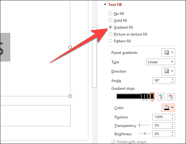 Select-gradient-fill-from-the-right-hand-column-to-reveal-customization-options كيفية إضافة نص متعدد الألوان في PowerPoint