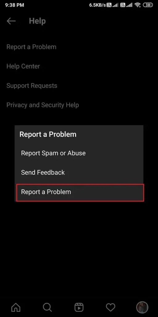 Select-report-a-problem-when-you-see-the-pop-up-window-on-your-screen-512x1024-1 كيفية الإصلاح لا يمكنني الإعجاب بالصور على Instagram