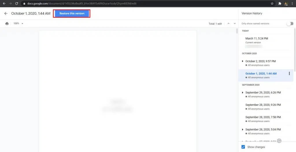 Select-‘Restore-this-version.-1024x527-1 كيفية استرداد مستندات Google Docs المحذوفة