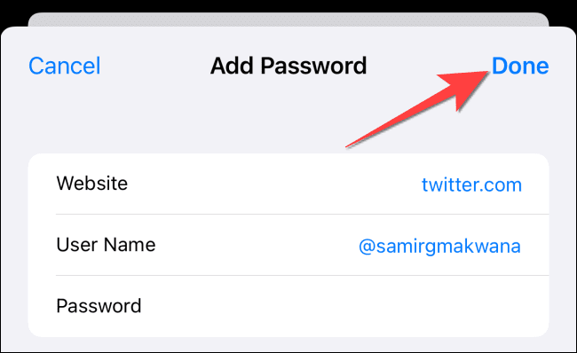 Tap-done-after-adding-site-user-name-and-password كيفية استخدام أداة المصادقة الثنائية المضمنة على iPhone و iPad