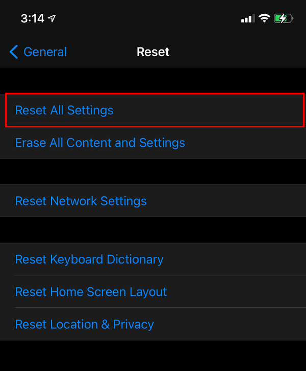 Tap-on-Reset-All-Settings إصلاح ارتفاع درجة حرارة iPhone ولا يتم تشغيله