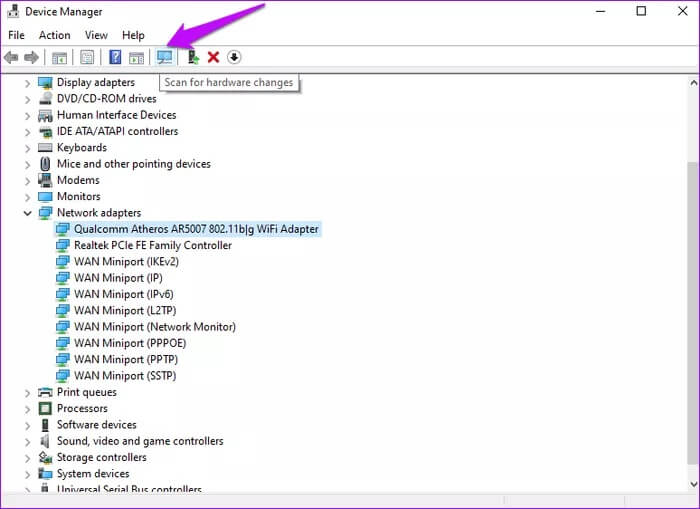 device-manager-scan-for-hardware-changes_935adec67b324b146ff212ec4c69054f أفضل 5 طرق لإصلاح خطأ عدم القدرة على الاتصال بخادم DHCP في Windows 10