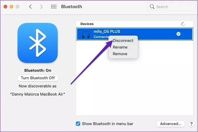 disconnect-mac-bluetooth-device-in-system-preferences_4d470f76dc99e18ad75087b1b8410ea9 كيفية إضافة وفصل ونسيان أجهزة Bluetooth على جهاز Mac