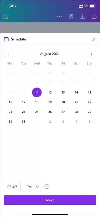 select-time-on-canva-mobille_7c4a12eb7455b3a1ce1ef1cadcf29289 كيفية جدولة منشورات وسائل التواصل الاجتماعي في Canva