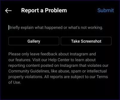 submit-the-problem_4d470f76dc99e18ad75087b1b8410ea9 كيفية إصلاح عدم ظهور الملف الشخصي على Instagram