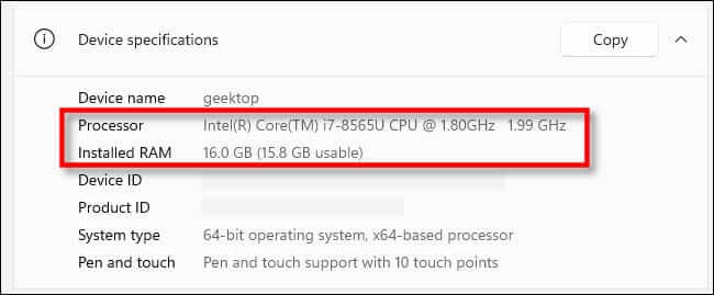 win11_processor_ram كيفية التحقق من مواصفات جهاز الكمبيوتر الخاص بك على Windows 11