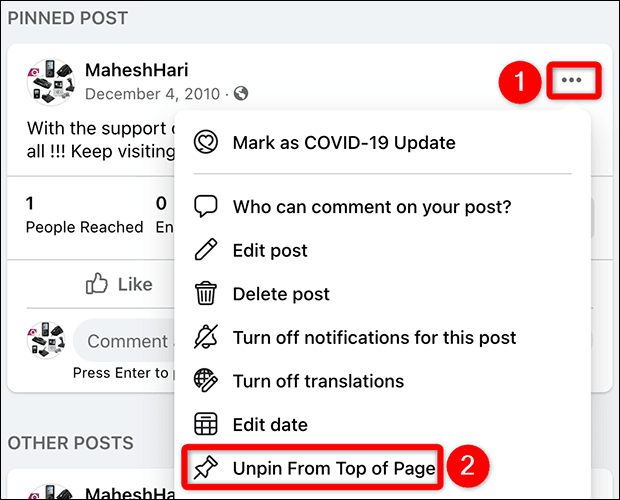 8-unpin-post-facebook-page كيفية تثبيت منشور على Facebook