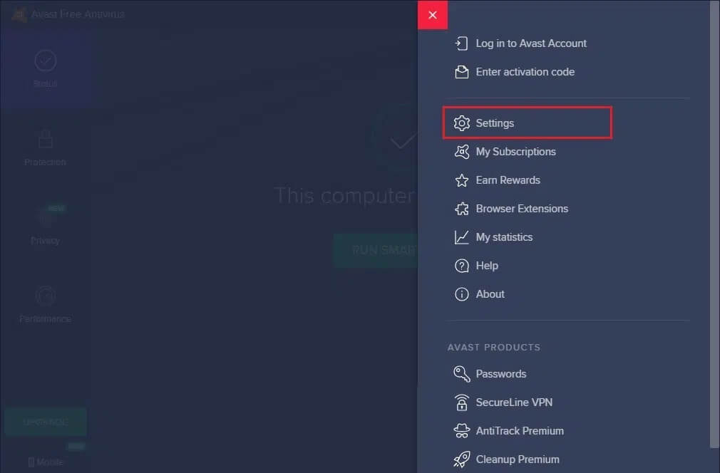 Avast-Settings-1 إصلاح خطأ موارد النظام غير الكافية لإكمال API