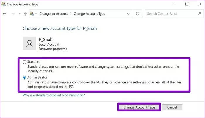 Change Account Type via Control Panel 935adec67b324b146ff212ec4c69054f - أفضل 5 طرق لتغيير حساب المسؤول في Windows 10