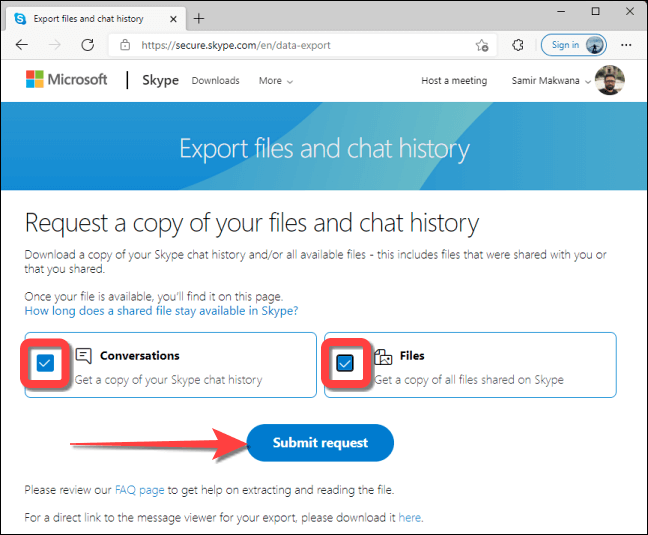 Check-the-box-for-conversation-contacts-and-hit-submit-request هل يمكنك حذف حساب Skype الخاص بك؟