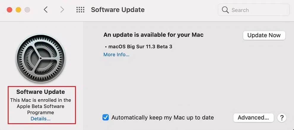 Click-on-the-Details-option-located-under-This-Mac-is-enrolled-in-the-Apple-Beta-Software-Program كيفية إصلاح خطأ فشل تثبيت macOS