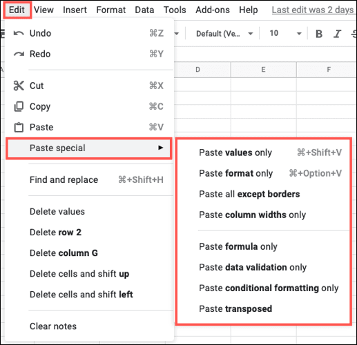 EditPasteSpecial-GoogleSheetsSpecial كيفية استخدام خيارات اللصق الخاصة على Google Sheets