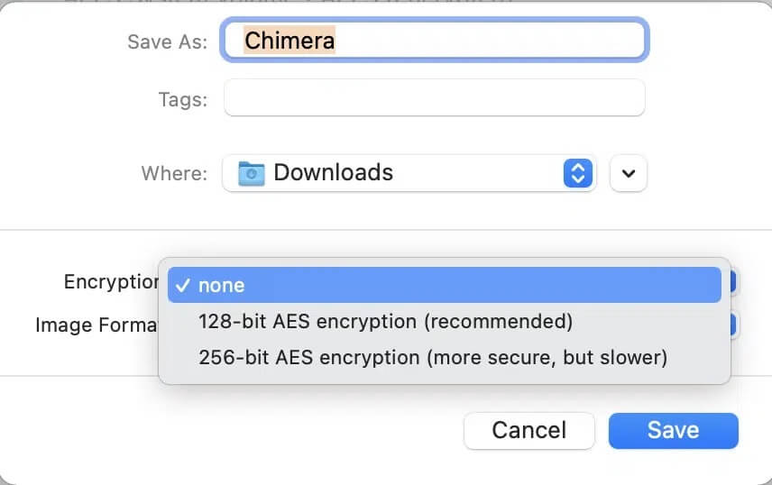 From-the-Encryption-drop-down-list-choose-the-128-Bit-AES-Encryption-option كيفية حماية مجلد بكلمة مرور في نظام Mac