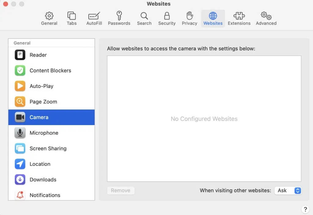 Open-the-Websites-tab-and-click-on-Camera-1024x705-1 كيفية إصلاح عدم عمل كاميرا الـ Mac
