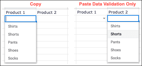 PasteDataValidationOnly-GoogleSheetsSpecial كيفية استخدام خيارات اللصق الخاصة على Google Sheets