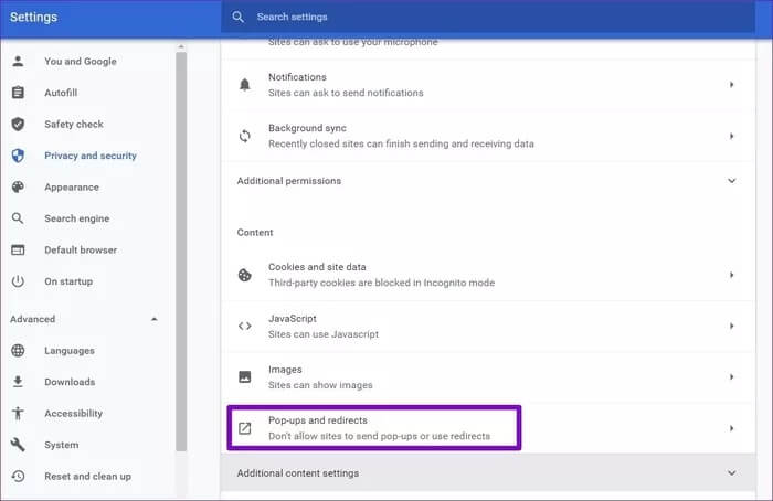 Pop-up-Setting-in-Chrome_935adec67b324b146ff212ec4c69054f أفضل 7 طرق لإصلاح فتح المواقع غير المرغوب فيها تلقائيًا في Google Chrome