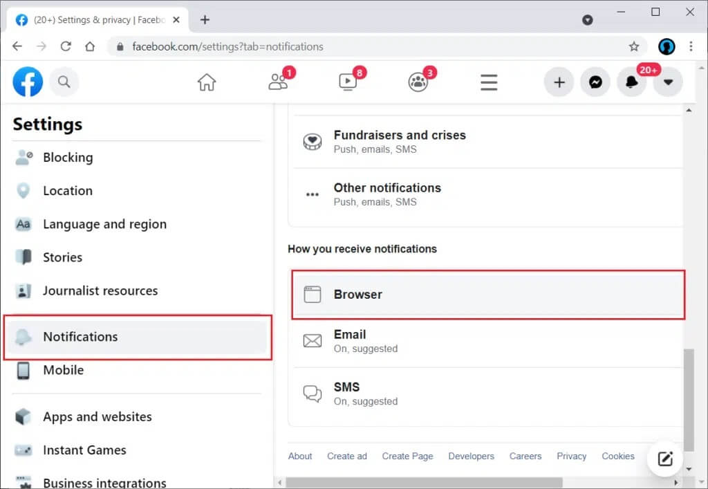 Scroll-down-and-click-Notifications-from-the-left-panel-then-select-the-Browser-option-1024x707-1 كيفية إيقاف تشغيل إشعارات Facebook على Chrome