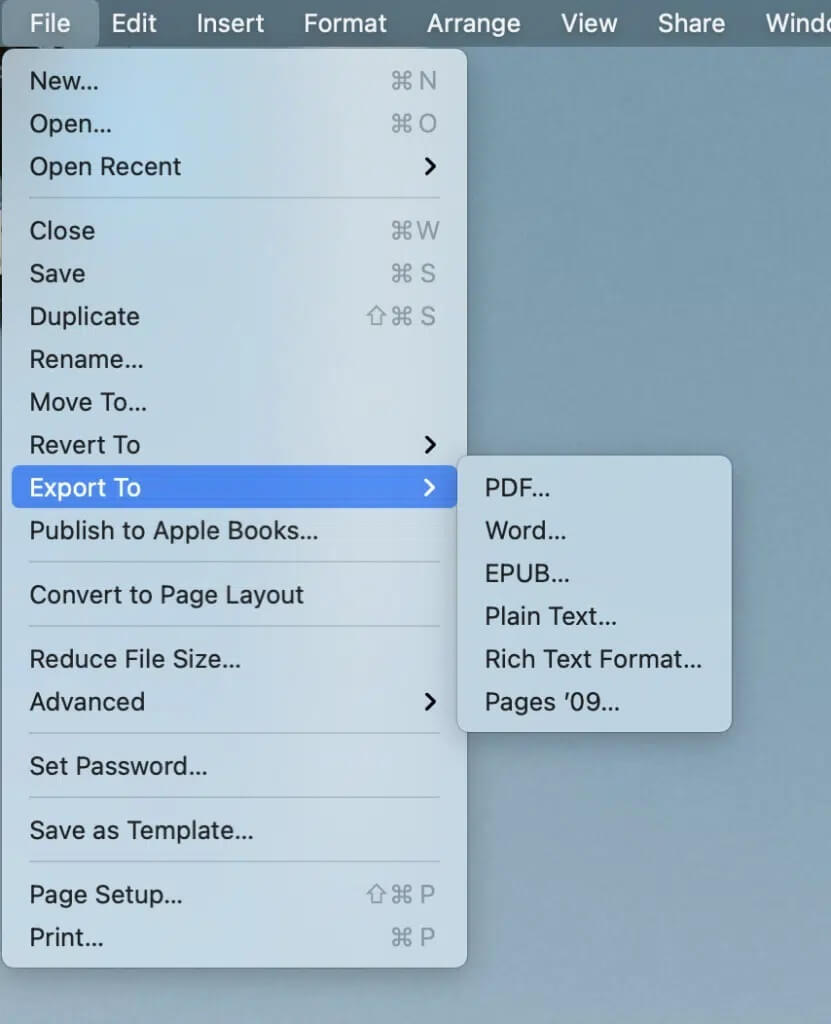 Select-Export-To-from-this-list-and-click-on-Word-831x1024-1 كيفية فتح ملف Pages على Windows 10