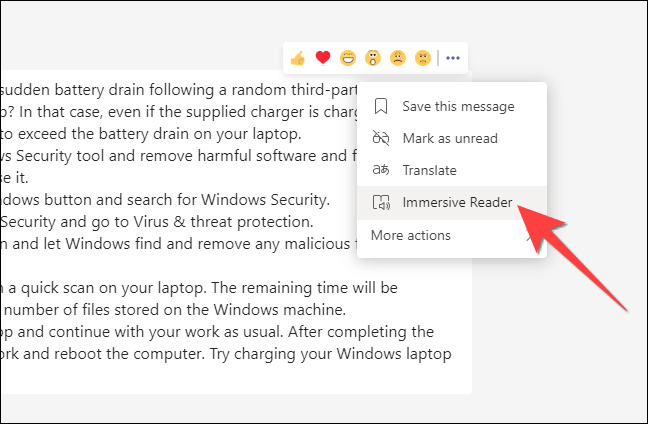 Select-Immersive-Reader-from-the-drop-down كيفية جعل Microsoft Teams تقرأ الرسائل بصوت عالٍ