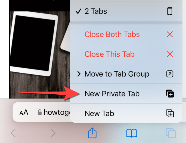 Select-new-private-tab-from-the-pages-button-menu-option 4 طرق لاستخدام التصفح الخاص في Safari على iPhone و iPad