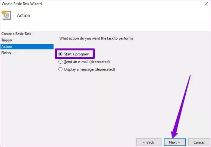 Set-Action-for-Task_935adec67b324b146ff212ec4c69054f أفضل 3 طرق لفتح صفحة ويب عند بدء التشغيل في Windows 10