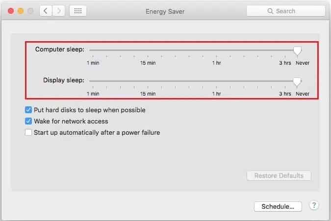Set-the-sliders-for-Computer-Sleep-and-Display-Sleep-to-Never إصلاح مشكلة عدم عمل شاحن MacBook