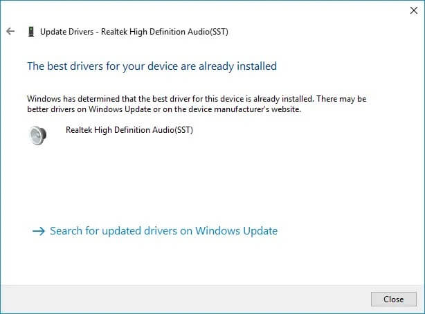 The-best-drivers-for-your-device-are-already-installed-Realtek-High-Definition-Audio إصلاح استمرار انقطاع الصوت في نظام التشغيل Windows 10