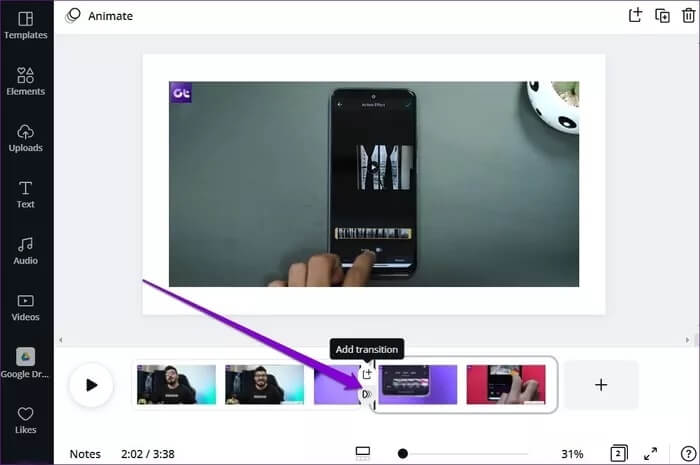 Transitions-to-Clips_935adec67b324b146ff212ec4c69054f كيفية إنشاء مقاطع فيديو وتحريرها في Canva