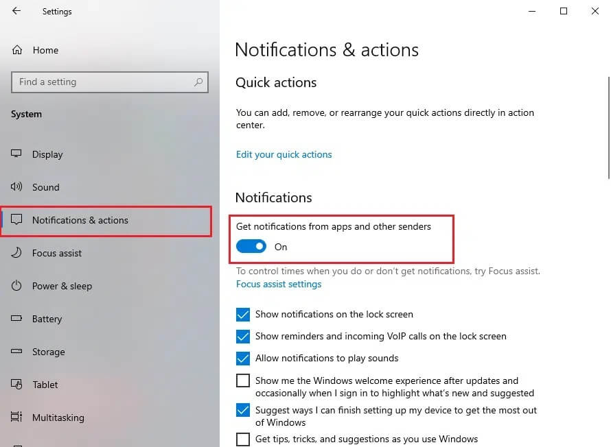 Turn the toggle off for the option titled Get notifications from apps and other senders - كيفية إصلاح الاستخدام العالي لوحدة المعالجة المركزية على Windows 10