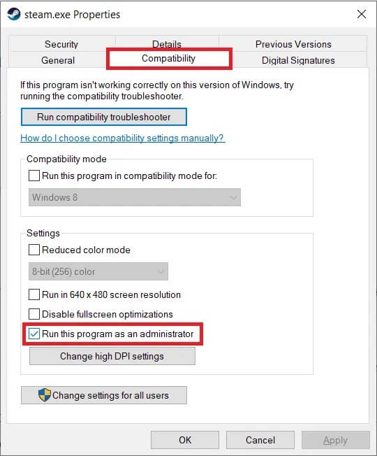 Under-the-Settings-sub-section-checktick-the-box-next-to-Run-this-program-as-an-administrator كيفية إصلاح Steam لا يقوم بتحميل الألعاب