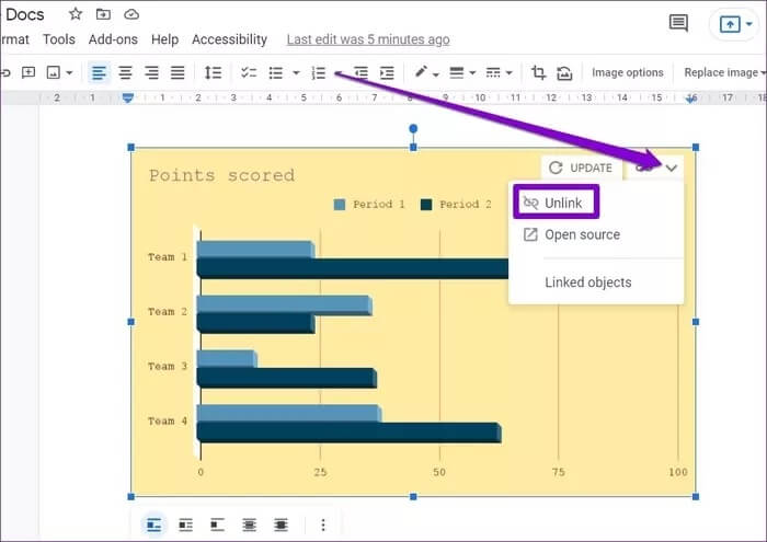 Unlink-Chart-in-Google-Docs_935adec67b324b146ff212ec4c69054f كيفية استخدام الرسوم البيانية في مستندات Google