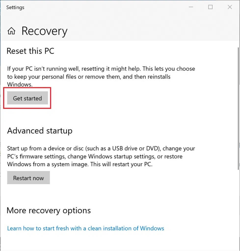 click on get started under reset this pc 978x1024 1 - كيفية إصلاح الاستخدام العالي لوحدة المعالجة المركزية على Windows 10