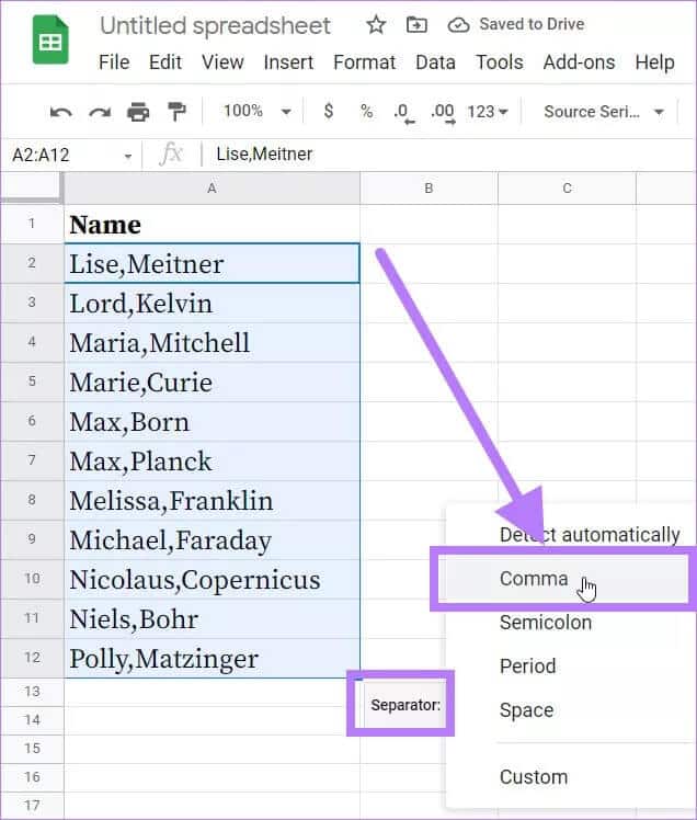 comma-separator_4d470f76dc99e18ad75087b1b8410ea9 كيفية استخدام نص مقسم إلى أعمدة في جداول بيانات Google