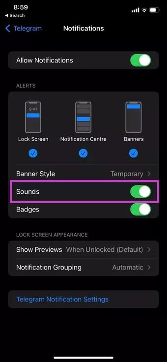 enable-sounds-for-telegram_7c4a12eb7455b3a1ce1ef1cadcf29289 أفضل 10 طرق لإصلاح عدم رنين مكالمات Telegram على iPhone