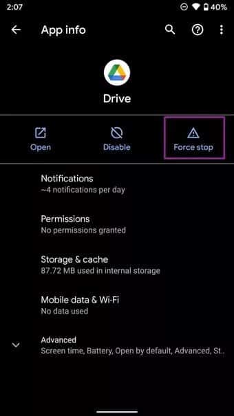 force-stop-google-drive_7c4a12eb7455b3a1ce1ef1cadcf29289 أفضل 8 طرق لإصلاح تحميل Google Drive غير المكتمل على Android