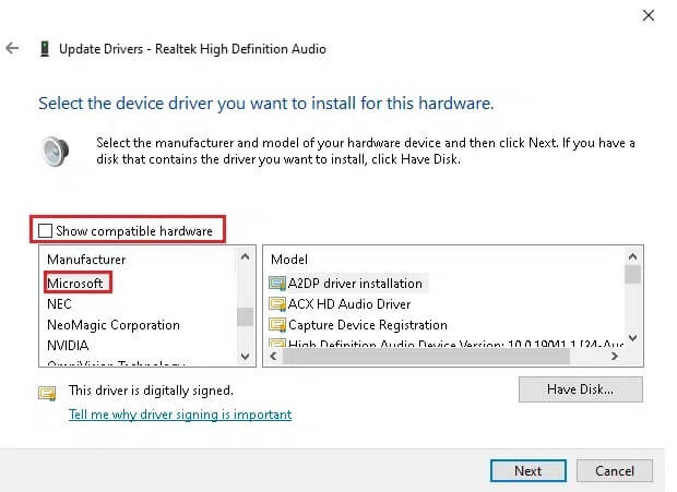 here-uncheck-show-compatible-hardware-and-choose.png-1 إصلاح استمرار انقطاع الصوت في نظام التشغيل Windows 10