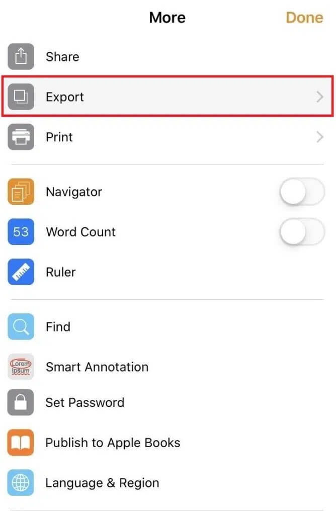 iphone-pages-more-export-668x1024-1 كيفية فتح ملف Pages على Windows 10