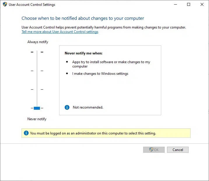 never-notify-me-when-apps-try-to-install-softwa كيفية تمكين التحكم في حساب المستخدم في أنظمة Windows